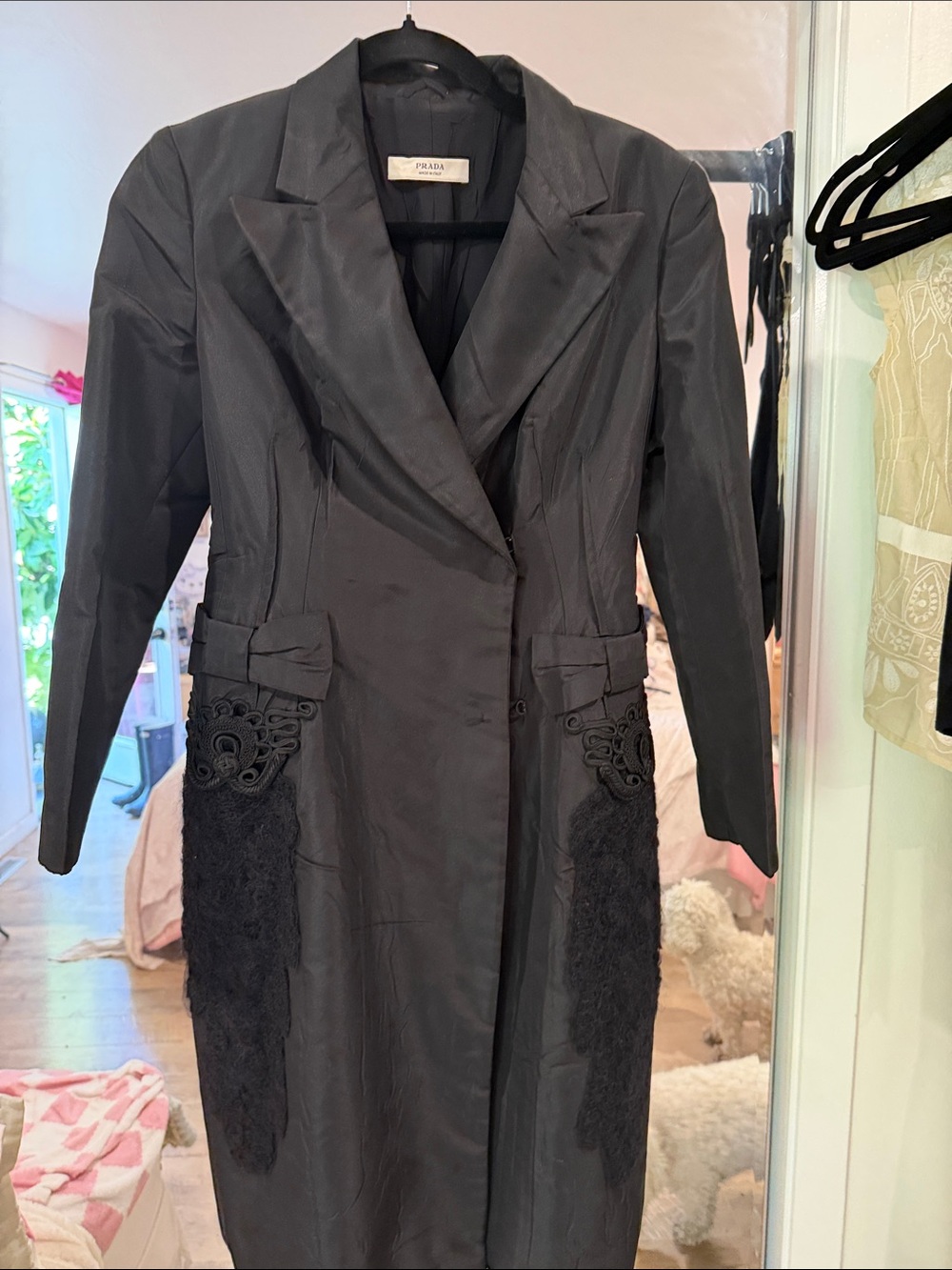 Prada Black Double-Breasted Wool-Trim Trench Coat 🧥 vintage pristine condition